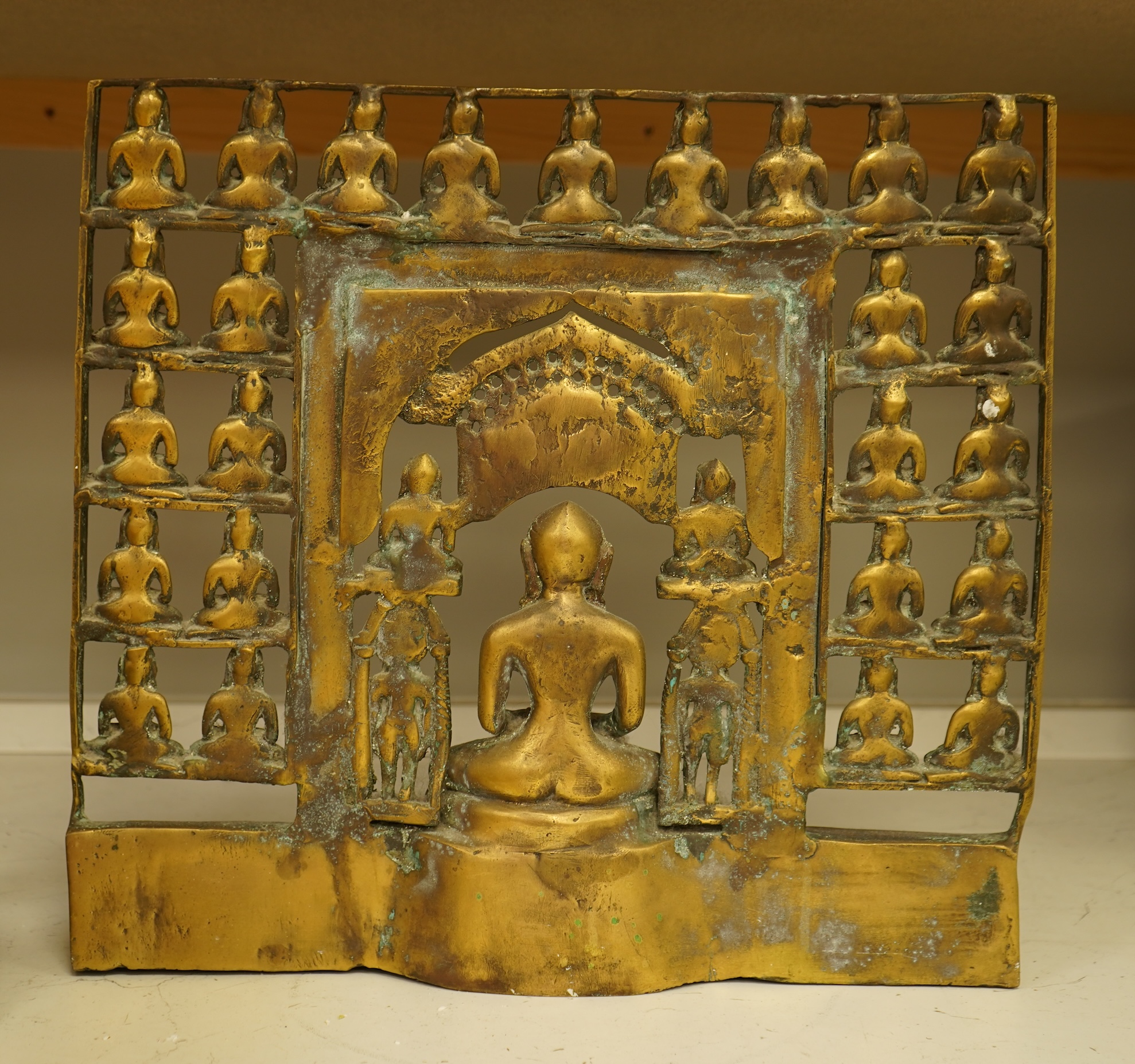 An Indian bronze temple panel with deities, 40cm high